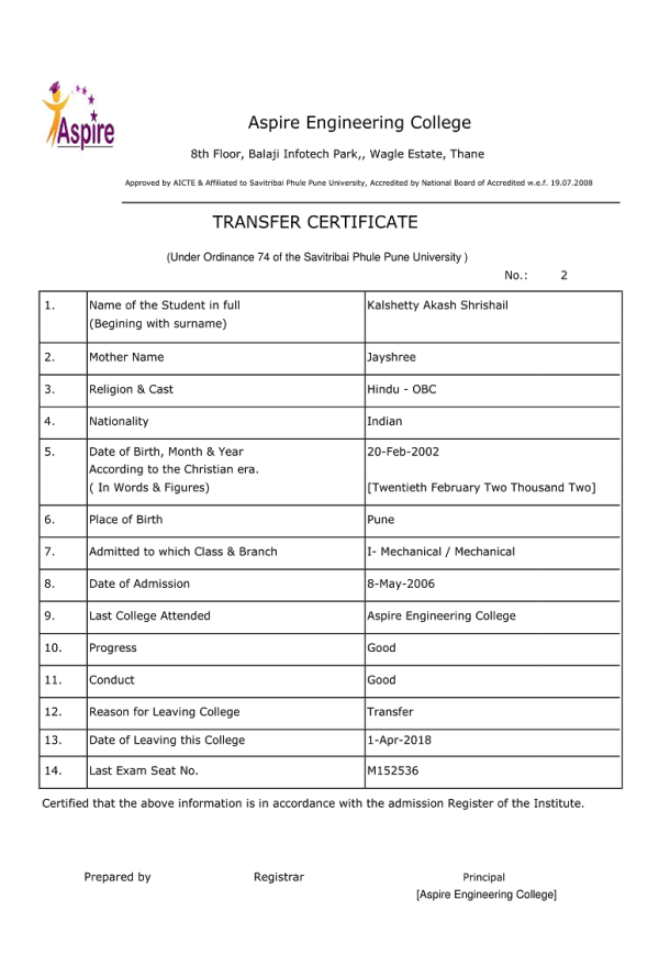 Transfer Certificate